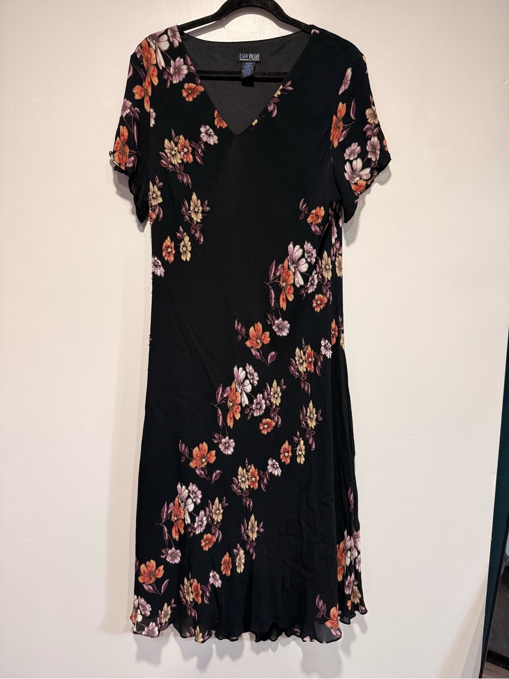 Eva Blue Black Floral V-Neck Midi Dress 
100% Rayon Shell